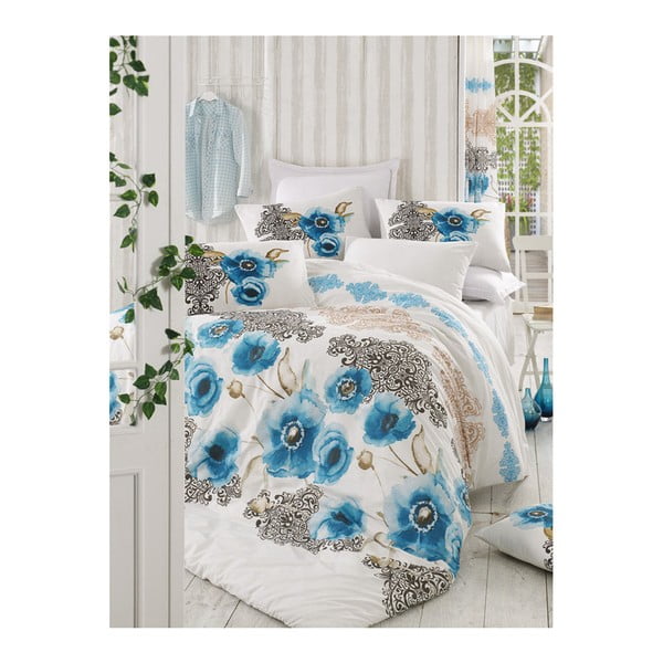 Modro-bela dvojna posteljnina z rjuho Merve, 200 x 220 cm