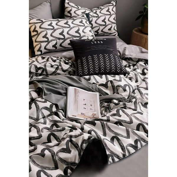Belo-siva bombažna posteljnina za zakonsko posteljo z rjuho 200x220 cm - Mila Home-image-2