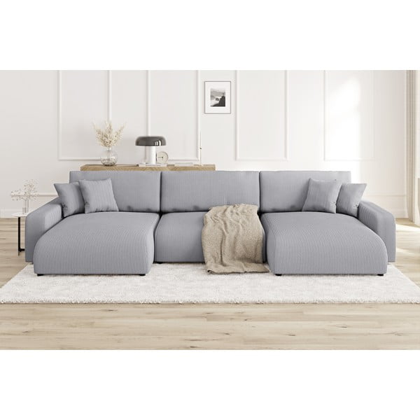 Svetlo siva raztegljiva kotna sedežna garnitura iz rebrastega žameta s prostorom za shranjevanje Sara – Ropez-image-1