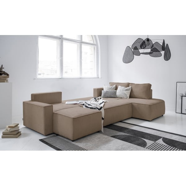 Bež raztegljiva kotna sedežna garnitura iz rebrastega žameta (desni kot/v obliki črke "U") Brave Dave – Miuform-image-3