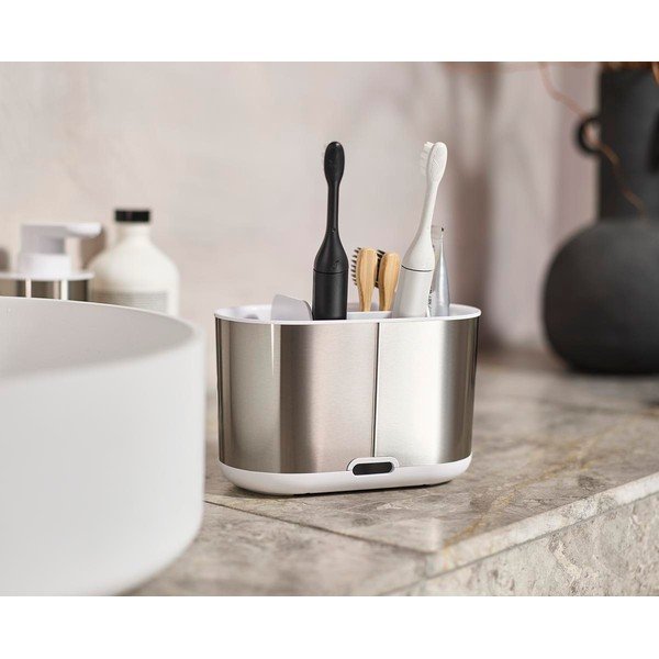 Stojalo za zobne ščetke iz nerjavečega jekla v srebrni barvi Duo Steel – Joseph Joseph-image-1