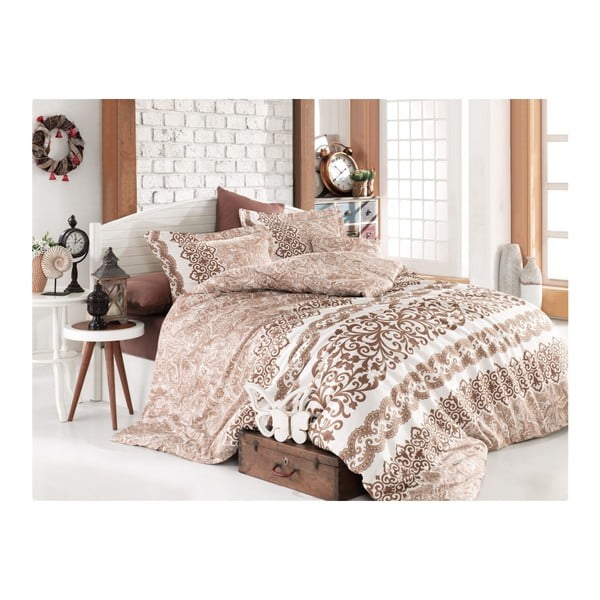 Bombažno satenasto posteljno perilo z rjuho za zakonsko posteljo Luna Cream, 200 x 220 cm