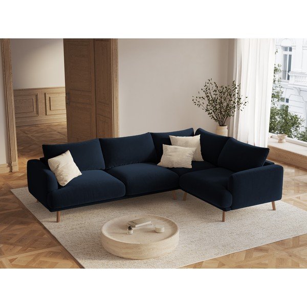Temno modra žametna kotna sedežna garnitura (desni kot/v obliki črke L) Naomi – Micadoni -image-1