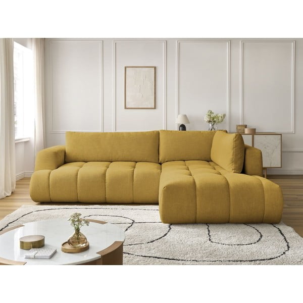 Gorčično rumena raztegljiva/s prostorom za shranjevanje kotna sedežna garnitura (desni kot/v obliki črke L) Fuji – Bobochic Paris-image-1