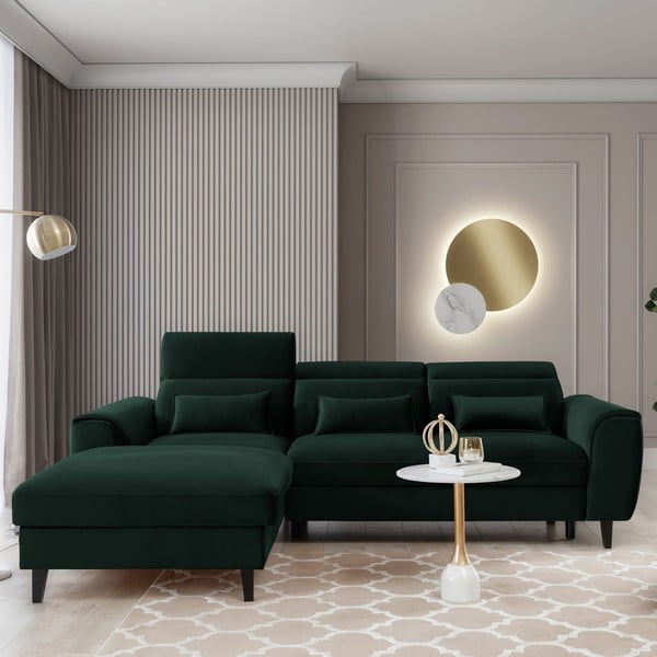 Temno zelena žametna raztegljiva/s prostorom za shranjevanje kotna sedežna garnitura (levi kot/z ležalnikom) Foble – ELTAP-image-1