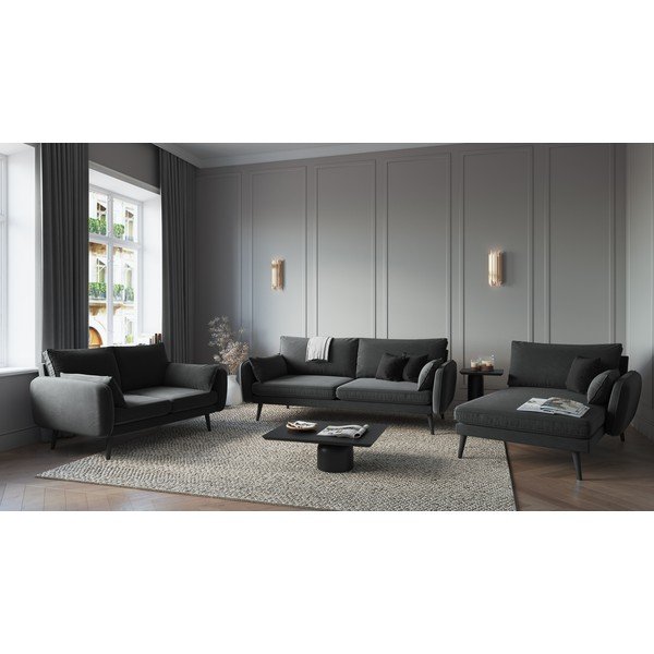 Temno siv žametni ležalnik s črnimi nogami Kooko Home Lento, desni kot-image-1