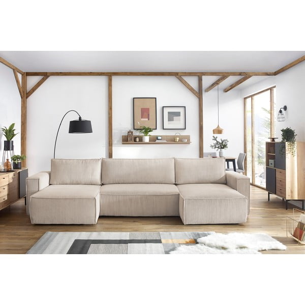 Bež raztegljiva kotna sedežna garnitura iz rebrastega žameta (v obliki črke "U") Nihad – Bobochic Paris-image-1