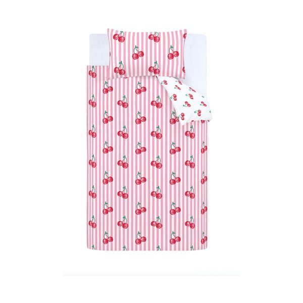 Bela/rožnata enojna posteljnina 135x200 cm Disco Cherries Stripes – Catherine Lansfield