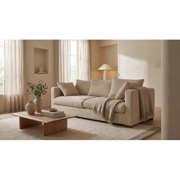Bež sedežna garnitura iz rebrastega žameta 220 cm Comfy – Scandic-image-1