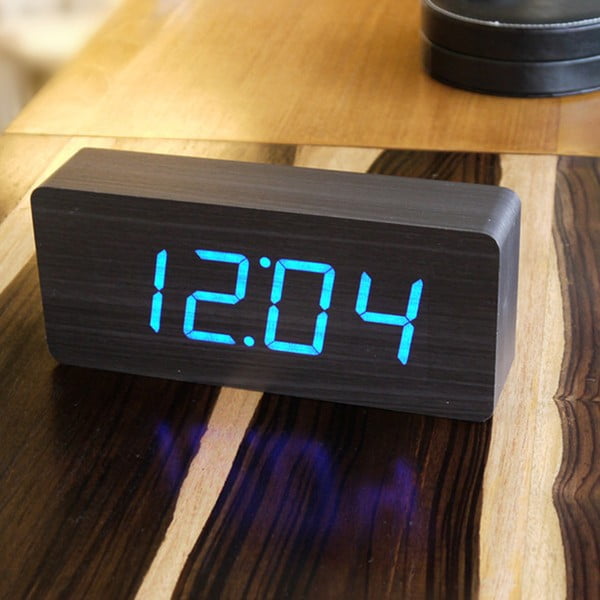 Črna budilka z modrim zaslonom LED Gingko Slab Click Clock-image-1