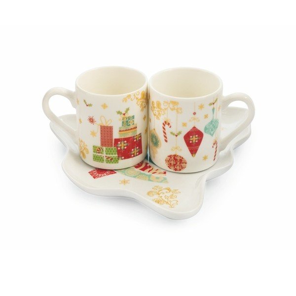 Komplet 2 vrčev in krožnika iz kostnega porcelana Villa d'Este Sweetxmas Tazzine Caffe Scatol