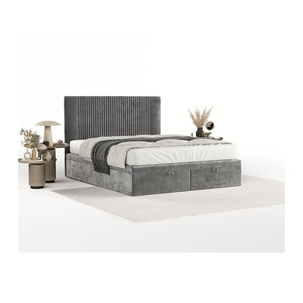 Siva oblazinjena zakonska postelja s prostorom za shranjevanje 160x200 cm Mavel – Maison de Rêve-image-2