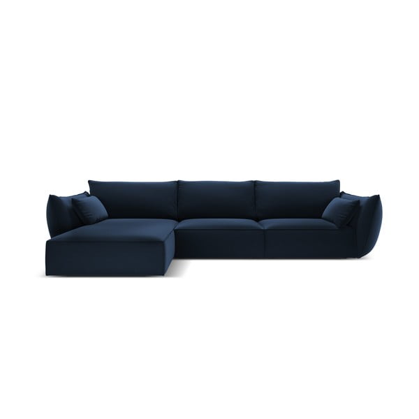 Temno modra žametna kotna sedežna garnitura z ležalnikom (levi kot) Vanda – Mazzini Sofas