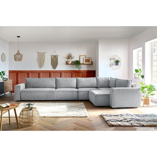Svetlo siva kotna sedežna garnitura iz rebrastega žameta (desni kot) Nihad modular – Bobochic Paris-image-1