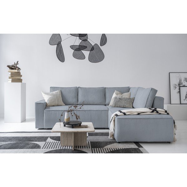 Svetlo siva raztegljiva kotna sedežna garnitura iz rebrastega žameta (desni kot) Brave Dave – Miuform-image-1