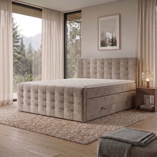 Bež boxspring postelja s prostorom za shranjevanje 200x200 cm Blend – Maison de Rêve-image-1