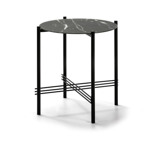 Črna dodatna mizica s stekleno ploščo v marmornem dekorju Marckeric, ø 47 cm