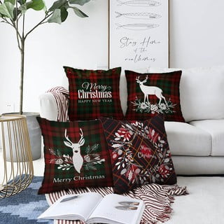 Komplet 4 božičnih prevlek za okrasne blazine iz šenila Minimalist Cushion Covers Tartan Merry Christmas, 55 x 55 cm