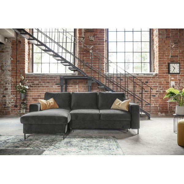 Temno siva žametna kotna raztegljiva sedežna garnitura Miuform Lofty Lilly, levi kot-image-1