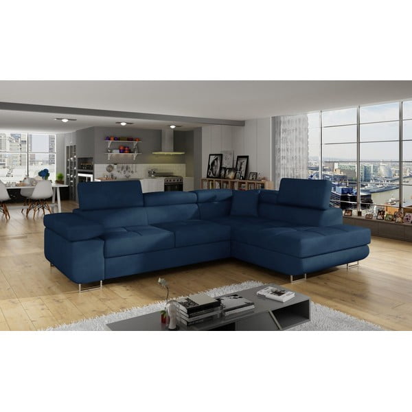 Modra žametna raztegljiva/s prostorom za shranjevanje kotna sedežna garnitura (desni kot/v obliki črke L) Anton – ELTAP-image-3
