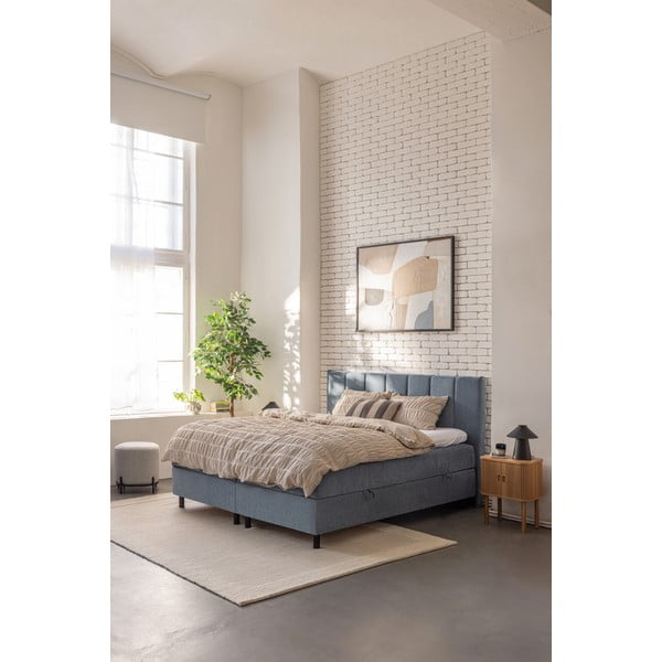 Modra boxspring postelja s prostorom za shranjevanje 160x200 cm Elva Bold Line – Bonami Selection-image-1