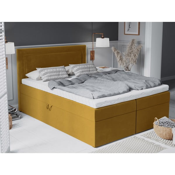 Gorčično rumena žametna zakonska postelja Mazzini Beds Yucca, 200 x 200 cm-image-4