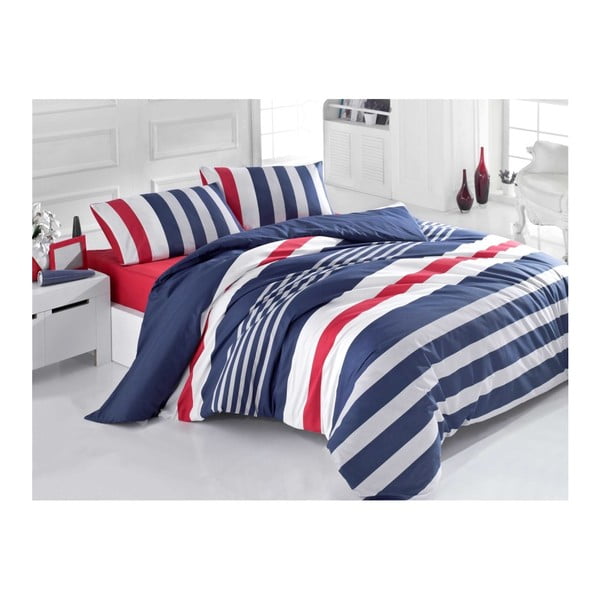 Posteljno perilo z rjuho za eno enojno posteljo Navy Stripe, 160 x 220 cm