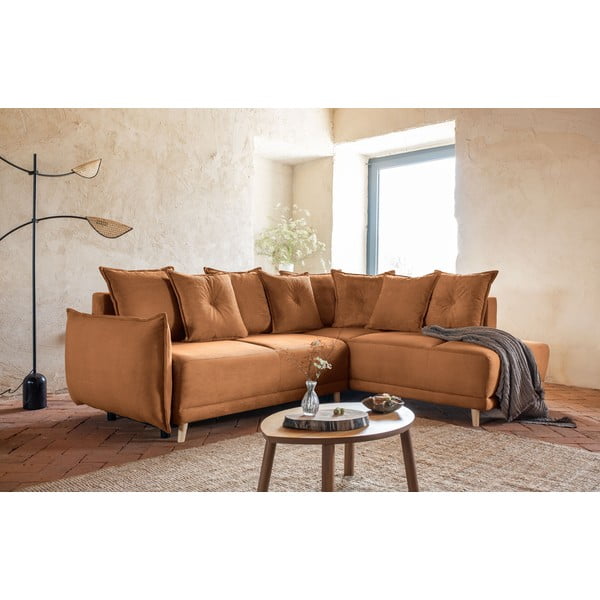 Opečnato oranžna raztegljiva kotna sedežna garnitura iz rebrastega žameta (desni kot) Lazy Lukka – Miuform-image-4