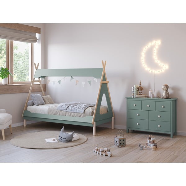 Modrozelena otroška postelja iz masivnega bora v obliki hiške 90x190 cm Nora – Marckeric-image-1