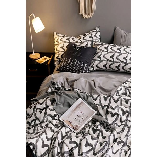 Belo-siva bombažna posteljnina za zakonsko posteljo z rjuho 200x220 cm - Mila Home-image-1