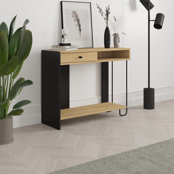 Črna/naravna stranska mizica z mizno ploščo v hrastovem dekorju 35x100 cm Saturne – Marckeric-image-4