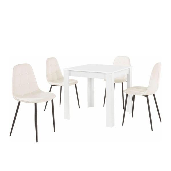 Komplet bele jedilne mize in 4 belih jedilnih stolov Støraa Lori Lamar Duro