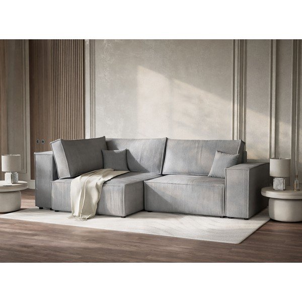 Siva raztegljiva/s prostorom za shranjevanje kotna sedežna garnitura iz rebrastega žameta (levi kot/v obliki črke L) Tonga – Maison de Rêve-image-4