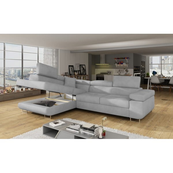 Svetlo siva žametna raztegljiva/s prostorom za shranjevanje kotna sedežna garnitura (levi kot/v obliki črke L) Anton – ELTAP-image-4