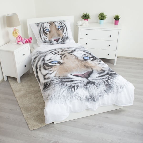 Sivo-bela enojna bombažna otroška posteljnina 140x200 cm White Tiger – Jerry Fabrics-image-1