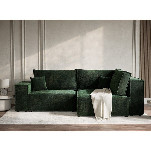 Temno zelena raztegljiva/s prostorom za shranjevanje kotna sedežna garnitura iz šenilje (desni kot/v obliki črke L) Tonga – Maison de Rêve-image-4