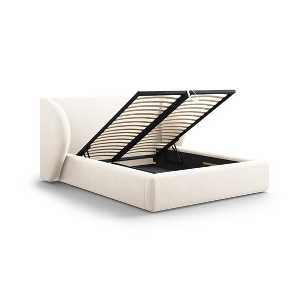 Bež oblazinjena zakonska postelja s prostorom za shranjevanje z letvenim dnom 160x200 cm Miley - Micadoni Home-image-3
