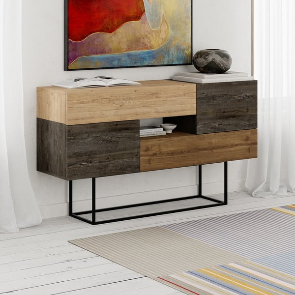 Rjava/naravna nizka komoda v hrastovem dekorju 145x82 cm Titan – Marckeric-image-3