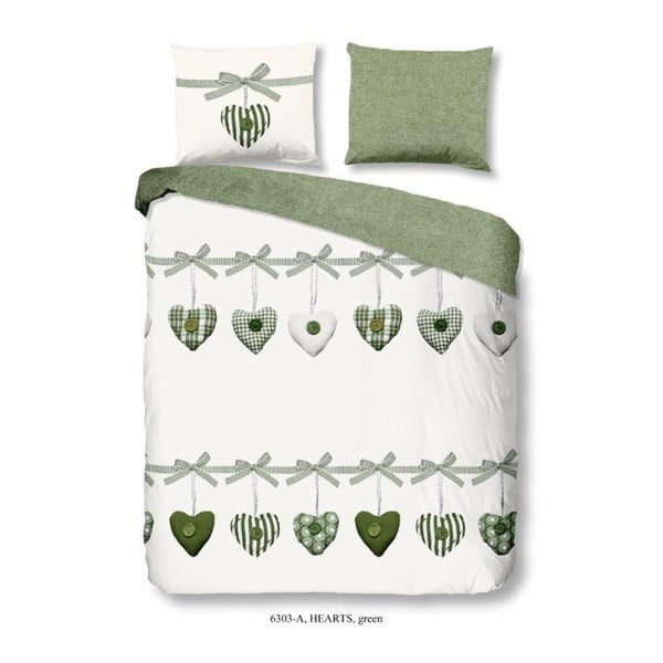 Zeleno-bela bombažna posteljnina za zakonsko posteljo Good Morning Hearts, 200 x 240 cm
