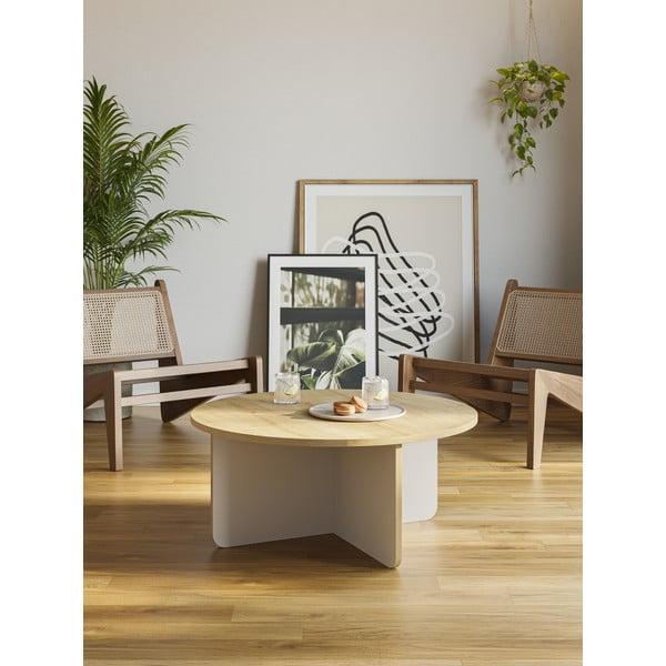 Kremno bela/v naravni barvi okrogla mizica z mizno ploščo v hrastovem dekorju ø 80 cm Hillary – Marckeric-image-1