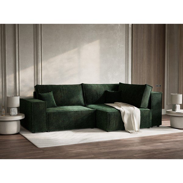 Temno zelena raztegljiva/s prostorom za shranjevanje kotna sedežna garnitura iz šenilje (desni kot/v obliki črke L) Tonga – Maison de Rêve-image-1