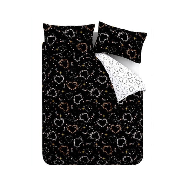 Črna/bela posteljnina za zakonsko posteljo 200x200 cm Cosmic Hearts and Stars – Catherine Lansfield-image-2