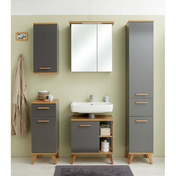 Siva visoka ozka kopalniška omarica v hrastovem dekorju 35,5x205 cm Quickset 924 – Pelipal-image-3