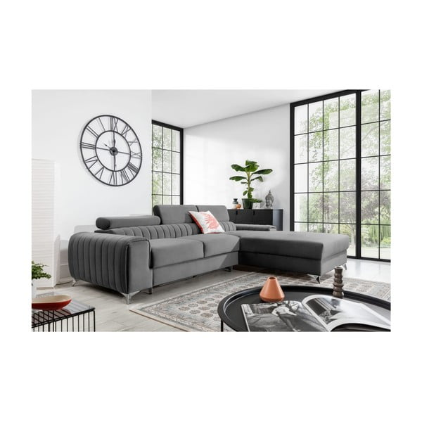 Siva žametna raztegljiva/s prostorom za shranjevanje kotna sedežna garnitura (desni kot/z ležalnikom) Grayson – ELTAP-image-1