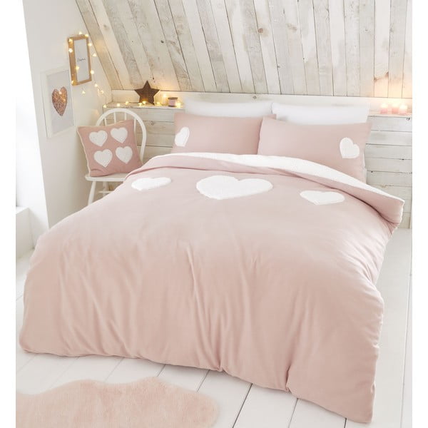 Rožnata posteljnina iz flisa z motivom srca Catherine Lansfield, 135 x 200 cm