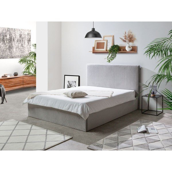 Svetlo siva oblazinjena zakonska postelja s prostorom za shranjevanje in letvenim dnom 160x200 cm Adele - Bobochic Paris-image-1
