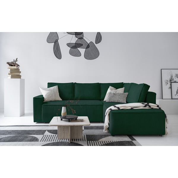 Temno zelena raztegljiva kotna sedežna garnitura iz rebrastega žameta (desni kot) Brave Dave – Miuform-image-1