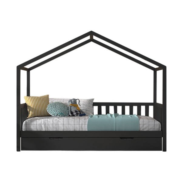 Antracitno siva otroška postelja iz masivnega bora v obliki hiške z dodatnim ležiščem in prostorom za shranjevanje 90x200 cm DALLAS – Vipack
