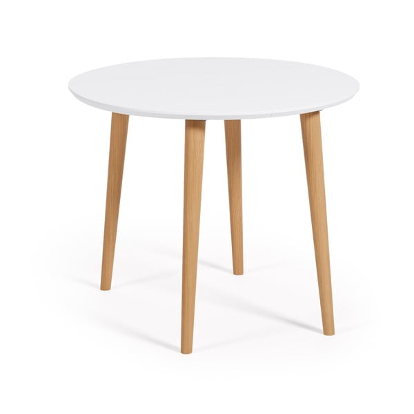 Bela okrogla raztegljiva jedilna miza z belo mizno ploščo ø 90 cm Oqui – Kave Home