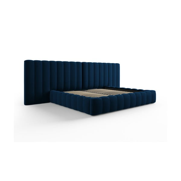 Temno modra oblazinjena zakonska postelja s prostorom za shranjevanje in letvenim dnom 200x200 cm Gina – Milo Casa